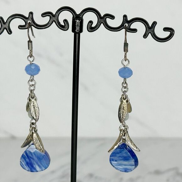 Blue Beaded Dangle Drop Earrings Pierced Pair - Picture 1 of 4